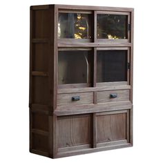 a wooden cabinet with glass doors and drawers