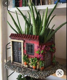 a house planter with succulents and plants in it on a shelf