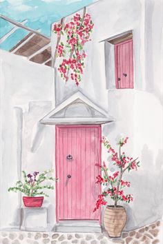 a watercolor painting of a pink door and potted flowers in front of it