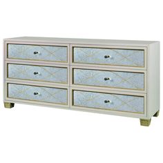 a white dresser with mirrored drawers and gold trimmings on the bottom, in front of a white background