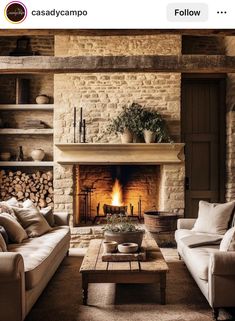 a living room with two couches and a fire place in the middle of it