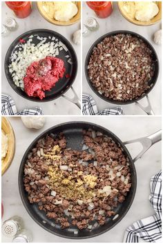 the process of cooking meat and onions in a skillet