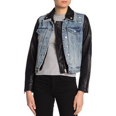 Get A Edgy, Layered Look Wearing This Classically Cool Jean Jacket With A Faded And Distressed Finish, Faux Leather Sleeves, And A Faux Leather Zip-In Collar And Front Insert For A Hint Of Moto Style. Point Collar - Long Faux Leather Sleeves With Zipper Cuffs - Button Front Closure With Zip Front - Chest Flap Pockets With Button Closures - Front Slash Pockets - Distressed, Faded Denim Construction - Removable Faux Leather Collar And Front Insert Check Out My Closet For More! Bundle And Save! Black Denim Biker Jacket With Long Sleeves, Black Denim Biker Outerwear, Black Denim Biker Jacket For Fall, Black Denim Jacket With Zipper For Spring, Fall Black Denim Biker Jacket, Spring Black Denim Jacket With Zipper, Spring Black Denim Jacket With Zipper Closure, Edgy Fitted Denim Biker Jacket, Urban Denim Jacket With Zipper For Fall