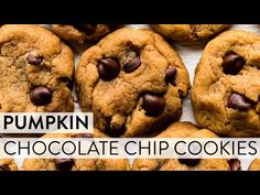 pumpkin chocolate chip cookies are stacked on top of each other with the words, pumpkin chocolate chip cookies