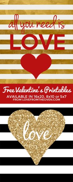 three valentine's day cards with gold glitter hearts and love on black and white stripes