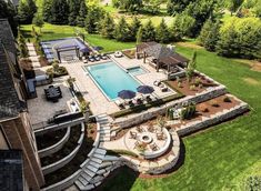 an aerial view of a backyard with a swimming pool