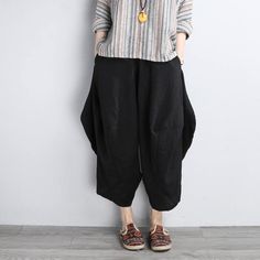 Women Black Pants Casual Linen Cropped Pants Cotton Harem Pants With Pockets Black Cotton Harem Pants For Spring, Non-stretch High-waisted Cotton Harem Pants, High-waisted Non-stretch Cotton Harem Pants, Comfortable Black Wide-leg Harem Pants, Comfortable Black Wide-leg Pants, Comfortable Black Bottoms For Spring, Comfortable High-waisted Cotton Pants, Spring Comfortable Loose-fit Harem Pants, Comfortable Baggy Ankle-length Bottoms