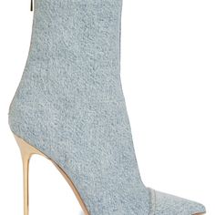 Balmain's Skye Boots Are Crafted Of Denim In A Fitted Silhouette. Framed With A Pointed Toe, This Italian-Made Pair Is Elevated By A Metallic Stiletto Heel. 100% Cotton Point Toe Back Zipper Leather Lining Calfskin Sole Made In Italy Size Goldtone Stiletto Heel, 3.75" (95mm) Formal Denim High Heel Shoes, Chic Denim Blue Fitted Heels, Formal Denim High Heels, Chic Fitted Denim Blue Heels, Chic Denim Heels With Pointed Toe, Chic Denim Heels For Formal Occasions, Chic Formal Denim Heels, Elegant Denim Heels With Round Toe, Chic Denim Blue High Heel Boots