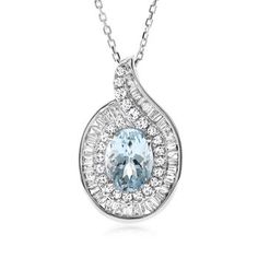 Ross-Simons - 1.20ct Aquamarine, .62ct t. w. Diamond Pendant Necklace. 16". Emitting an exceptional amount of sparkle, this stunning pendant necklace features a scintillating 1.20 carat oval aquamarine inside a swirling halo of .62 ct. t. w. tapered baguette and round brilliant-cut diamonds. Crafted in 14kt white gold. Suspends from a cable chain with a 2" extender. Lobster clasp, diamond and aquamarine pendant necklace. Aquamarine birthstones are the perfect gift for March birthdays. March Birthdays, Aquamarine Birthstone, Aquamarine Pendant, Aquamarine Jewelry, Aqua Marine, Diamond Pendant Necklace, Fine Jewellery Necklace, Round Brilliant Cut Diamond, Buy 1