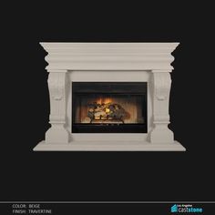 a white fireplace with a mantel and fire in the center on a black background