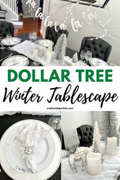 dollar tree winter tablescape with white and silver decorations