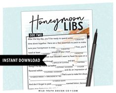 a printable honeymoon libs sign up sheet with a pen next to it