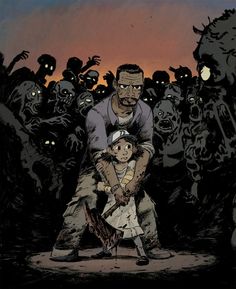 a man holding a child in front of a crowd of zombies