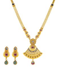 Virani Jewelers brings sophistication to life with this beautiful 22k gold necklace set, intricately embellished with Kundan, ruby, emerald, and cubic zirconia stones. The vibrant gemstone combination evokes the charm of classic Indian jewelry, while the fine gold craftsmanship offers a contemporary appeal. This 22k gold necklace and earring set is perfect for elegant soirées or festive celebrations, adding a touch of luxury to any outfit. With its detailed artistry and timeless beauty, this gold bridal necklace and earring set is a must-have for the discerning jewelry collector.Features• 22k yellow gold• Cubic zirconia• Emerald• Kundan• Ruby Earring Specifications:• Minimum Width - 1.5 millimeters• Maximum Width - 13.5 millimeters• Length - 1.25 inchesNecklace Specifications:• Minimum Wid Luxury Kundan Emerald Necklace, Hand Set Yellow Gold Plated Kundan Necklace, Gold Plated Yellow Gold Kundan Necklace, Hand Set Yellow Gold-plated Kundan Necklace, Ceremonial 22k Gold Multicolor Jewelry, Gold Kundan Jewelry Sets With Gemstones, Elegant Multicolor 22k Gold Necklaces, Traditional Gold Emerald Gemstone Necklace, Traditional Jeweled Gold-plated Necklaces