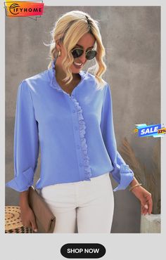 Sky Blue Solid Color Lace Frilled Trims Long Sleeve Shirt Fitted Blue Solid Color Shirt, Light Blue Solid Color Shirt For Spring, Blue Long Sleeve Blouse With Button Closure, Light Blue Shirt For Office In Spring, Light Blue Shirt For Office, Spring Season, Blue Summer Office Shirt, Light Blue Office Shirt For Spring, Light Blue Spring Office Shirt, Blue Collared Blouse For Office