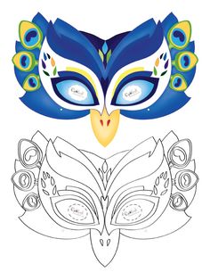 an image of a mask with blue and yellow feathers on it's face, surrounded by other masks