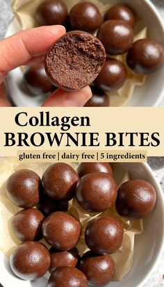 collage of chocolate brownie bites in a white bowl with text overlay that says collagen brownie bites gluten free dairy free / dairy free ingredients