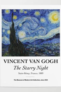 van gogh the starry night poster on a white background with blue and yellow stars