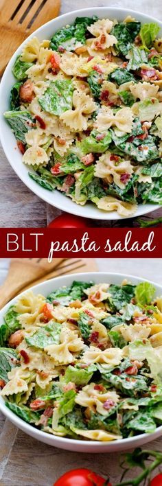 two plates filled with pasta salad on top of a table