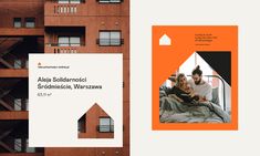 an orange and white brochure with two people sitting on a bed in front of a building