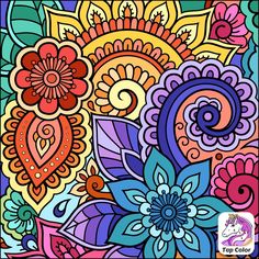 an artistic coloring book with colorful flowers and paisleys on the page, which is filled with