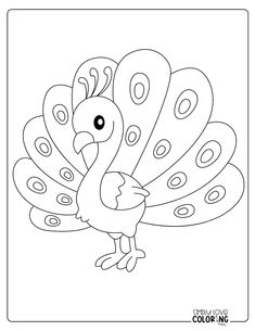 a black and white coloring page with a cartoon peacock on it's back legs