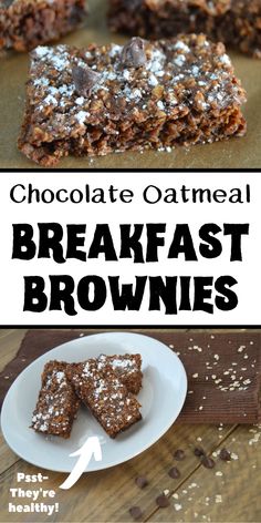 chocolate oatmeal breakfast brownies on a white plate with text overlay