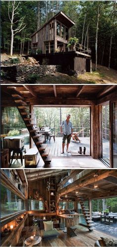 the inside and outside of a cabin with stairs leading up to an open floor plan