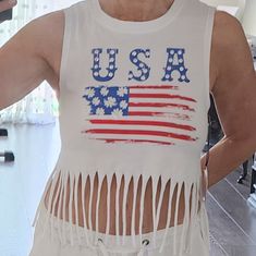 Usa Crop Top White Tops With American Flag Print For Beach, White American Flag Print Tops For Beach, White American Flag Print Top For The Beach, White American Flag Print Top For Beach, Spring Beach Tops With Flag Print, Sleeveless Beach Top With Flag Print, Summer Vacation Tops With American Flag Print, American Flag Print Tops For Summer Vacation, White American Flag Print Tank Top For Summer