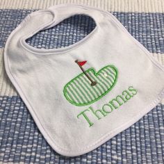 Monogrammed Golf Baby Bib, Personalized Golf Birthday Bib, Golf Baby Shower Gift, Golf First Birthday Bib, Golf 1st Birthday Bib by CarolinaMonogramCo on Etsy https://www.etsy.com/listing/608507468/monogrammed-golf-baby-bib-personalized Personalized White Bib For Birthday, Personalized White Birthday Bib, Customizable White Birthday Bib, Golf Smash Cake, Golf Baby Showers, Golf First Birthday, Golf Baby, 1st Fathers Day Gifts, Golf Monogram