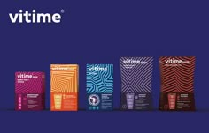 an ad for vitme coffee, featuring five bags of different flavors and colors