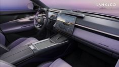 the interior of a car with purple leather