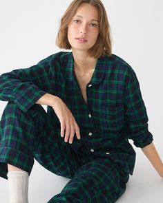 J.Crew: Flannel Long-sleeve Pajama Pant Set In Black Watch Tartan For Women Pajama Women, Women Flannel, Cotton Pajama Shorts, Black Watch Tartan, Stewart Tartan, Trendy Shirt Designs, Best Pajamas, Cozy Gift, Pajama Pant