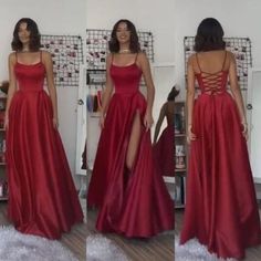 Split Dresses For Banquet And Prom Season, Split Dresses For Banquets And Prom Season, Solid Color Prom Evening Dress, Formal Split Dresses For Prom Season, Red Split Dress For Prom, Elegant Solid Color Split Dress, Red Formal Dress With Side Slits, Formal Red Dress With Side Slits, Solid Color Split Dress For Party