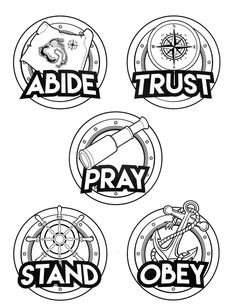 four stickers with the words abide, trust, pray and stand obey