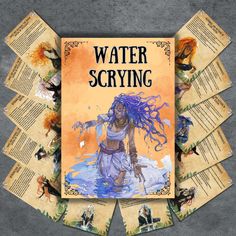 the water scrying book cover is surrounded by papers with images of people in it