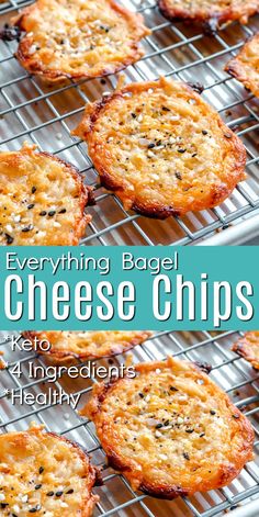 everything bagel cheese chips on a cooling rack with the words everything bagel cheese chips above it