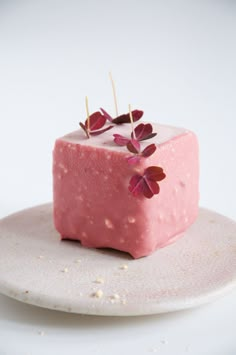 a small pink cake on a white plate