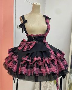 Draculaura Outfit, Skirt With Straps, Devil Inspired, Pink Plaid Pattern, Idol Outfit, Punk Dress, Pastel Goth Fashion, Kawaii Fashion Outfits