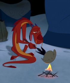 a cartoon character is trying to put something in the fire