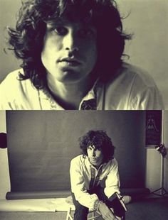 two different images of a man with long curly hair and white shirt sitting on the floor