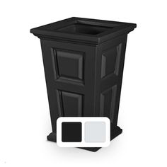 a black trash can sitting on top of a white floor next to a square object