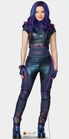 a woman with purple hair and black leather outfit standing in front of a white background