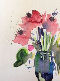 a watercolor painting of flowers in a vase