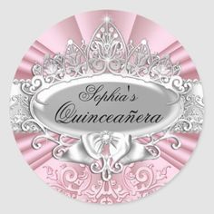 a pink and silver quinceauera sticker with an ornate design on it