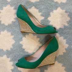 L.K. Bennett Estela Peep-Toe Wedges In Green. Brand New. Plastic Still On The Bottom. Size 38 (8 Usa). These Beauties Were Made In Spain Of Genuine Leather And Purchased In London. Wedge Is 3 1/2 Inches. No Box. Please Comment If You Would Like To See Additional Photos. Elegant Green Wedge Sandals, Elegant Green Open Toe Wedge Sandals, Elegant Green Wedge Sandals With Round Toe, Lk Bennett Shoes, Mickey Shoes, Silver Wedges, Nude Wedges, Lk Bennett, Toddler Leggings