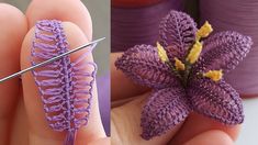 two pictures side by side, one with purple yarn and the other with yellow flowers