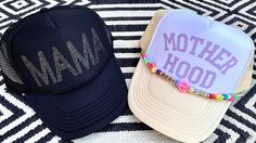 Just in time for Mother's Day, but sport it all year long--our HappyMama™️ trucker hats. Black with sparkly Mama and Sand/white with lilac MotherHood. Comfortable and adjustable.  One size fits most *HappyCharms™️ sold separately in our listing. Mama Trucker Hat, Smiley Face Hat, Bead Things, Mama Hat, Hood Hat, Custom Trucker Hats, Hats Black, Svg Images, Nov 2