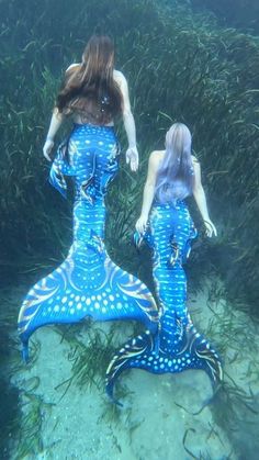 two women in blue dresses are standing on the bottom of an underwater pool with seaweed