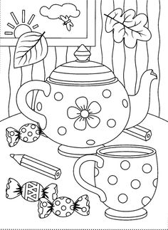 a black and white drawing of a teapot with flowers on it, next to other items